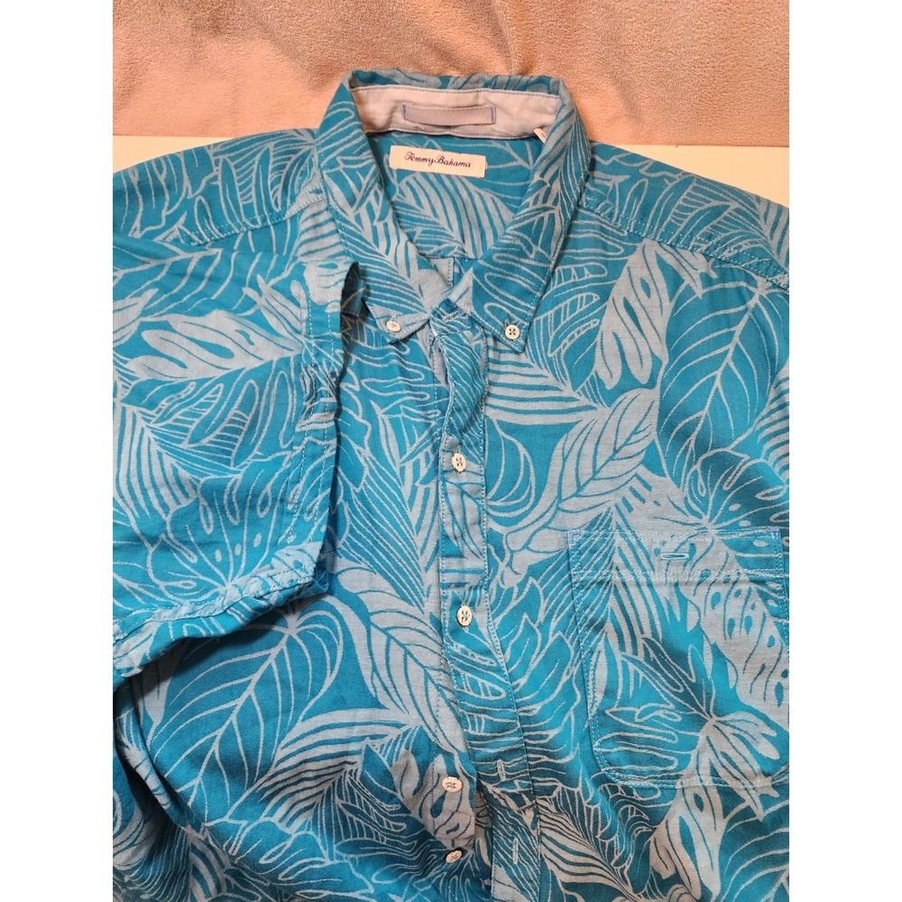 Tommy Bahama Mens XL Tropical Palm Leaves Camp Shirt Turquoise Teal Blue Button